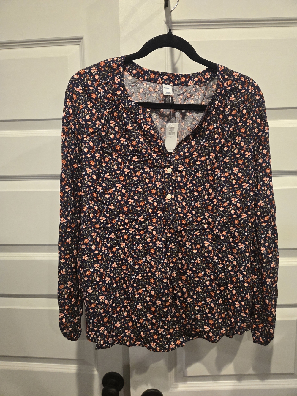 NWT! Navy Blouse with Pink and Peach Floral Print